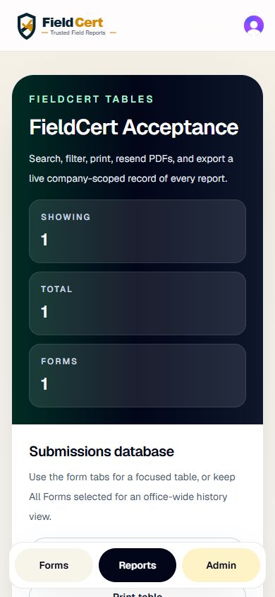 FieldCert example workspace with searchable report records