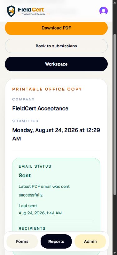 FieldCert example submission with report PDF and email delivery status